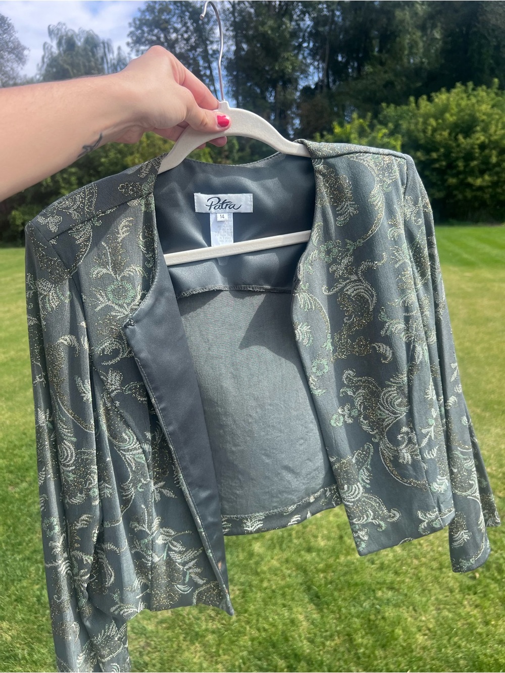 Vintage 90s Patra Metallic Gold Green Floral Brocade Cropped Jacket Sz 14